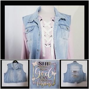 Upcycled denim vest with nice quote in the back